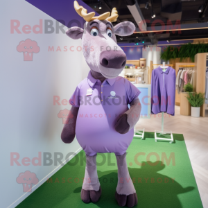 Lavender Elk mascot costume character dressed with a Polo Tee and Lapel pins