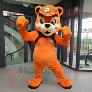 Orange Panther mascot costume character dressed with a Overalls and Messenger bags