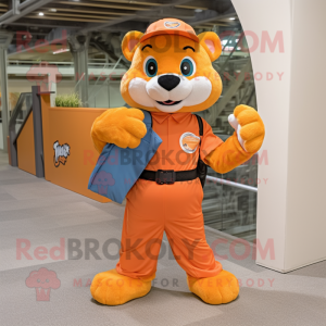 Orange Panther mascot costume character dressed with a Overalls and Messenger bags