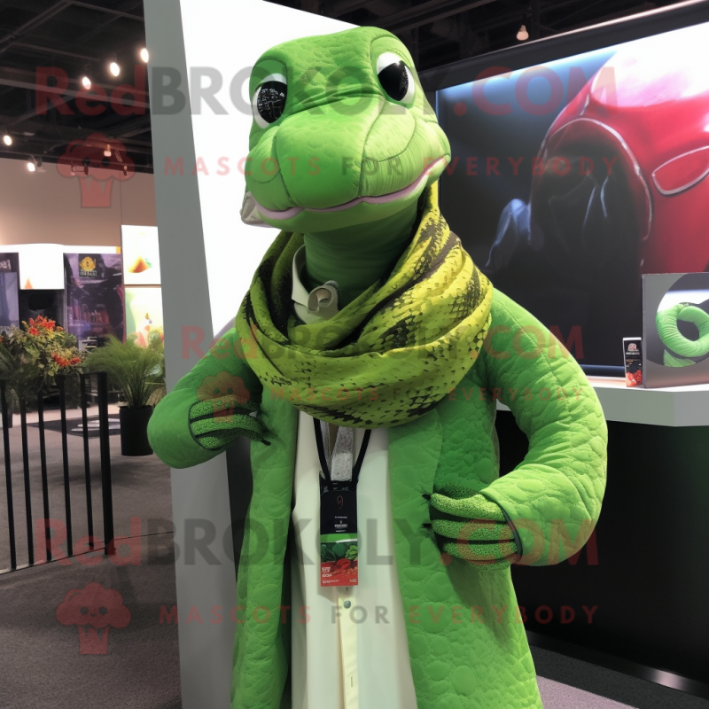 Lime Green Titanoboa mascot costume character dressed with a Blazer and Shawls