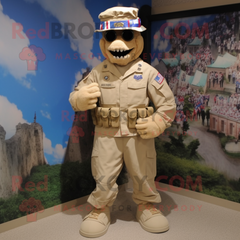 Cream American Soldier mascot costume character dressed with a Bermuda Shorts and Belts