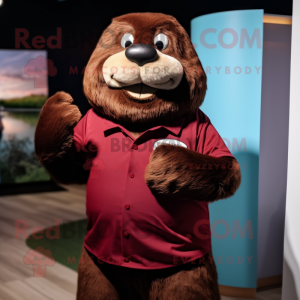 Maroon Beaver mascot costume character dressed with a Poplin Shirt and Rings