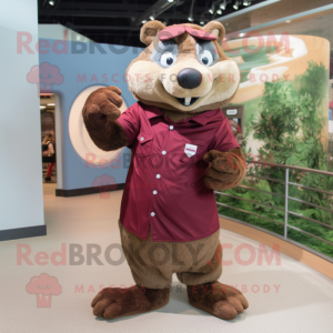Maroon Beaver mascot costume character dressed with a Poplin Shirt and Rings