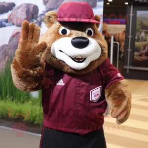 Maroon Beaver mascot costume character dressed with a Poplin Shirt and Rings