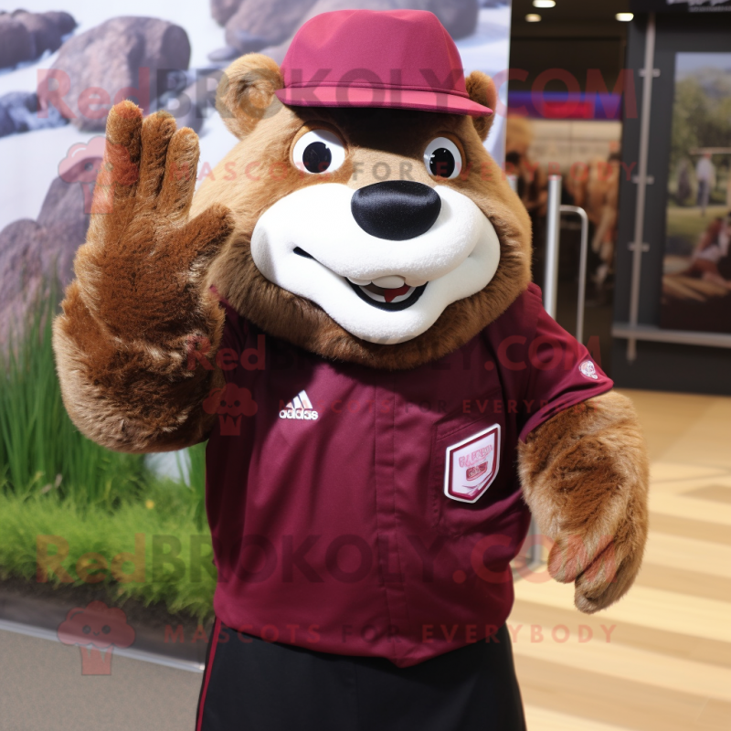 Maroon Beaver mascot costume character dressed with a Poplin Shirt and Rings Maroon Beaver mascot costume character dressed with a Poplin Shirt and Rings