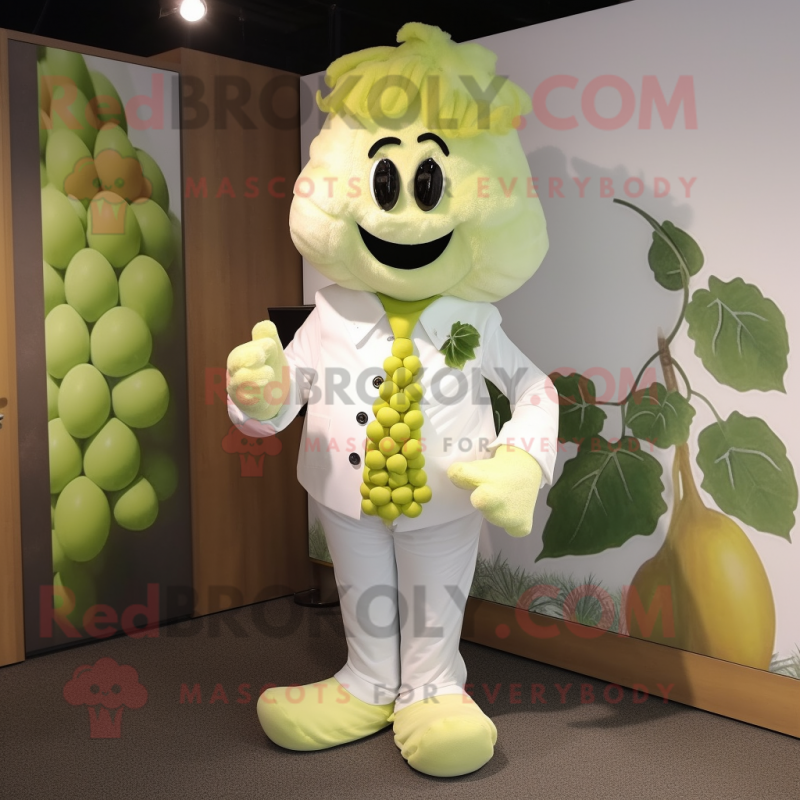White Grape mascot costume character dressed with a Suit Pants and Scarves White Grape mascot costume character dressed with a Suit Pants and Scarves