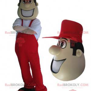 Mascot man in red overalls and cap. - Redbrokoly.com