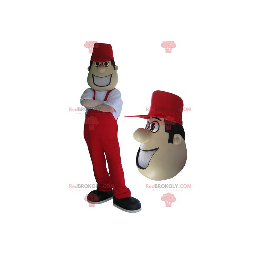 Mascotte d'homme en salopette et casquette rouges. -