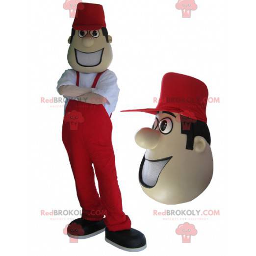 Mascotte d'homme en salopette et casquette rouges. -