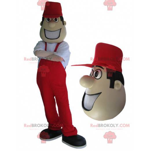 Mascotte man in rode overall en pet. - Redbrokoly.com