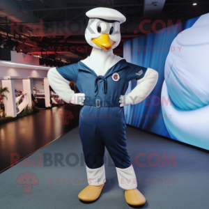 Navy Swan mascot costume character dressed with a Jumpsuit and Backpacks