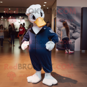 Navy Swan mascot costume character dressed with a Jumpsuit and Backpacks