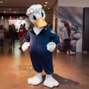 Navy Swan mascot costume character dressed with a Jumpsuit and Backpacks