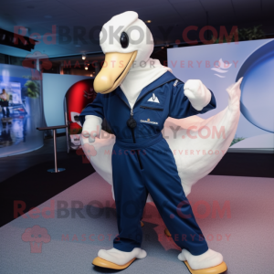 Navy Swan mascot costume character dressed with a Jumpsuit and Backpacks