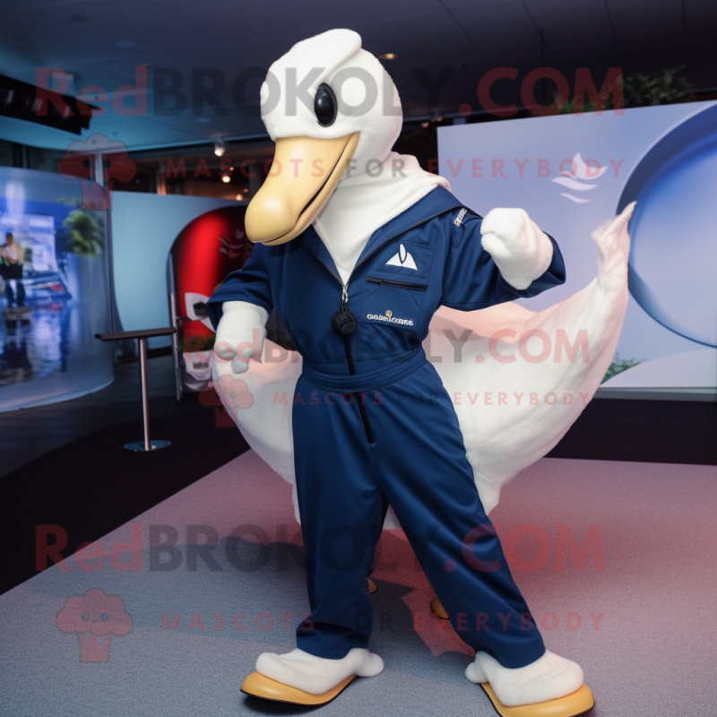 Navy Swan mascot costume character dressed with a Jumpsuit and Backpacks Navy Swan mascot costume character dressed with a Jumpsuit and Backpacks