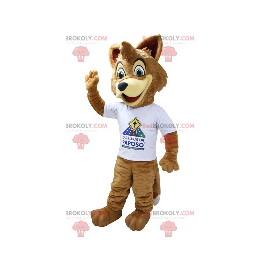 Mascot zorro beige marrón claro con una camiseta blanca -