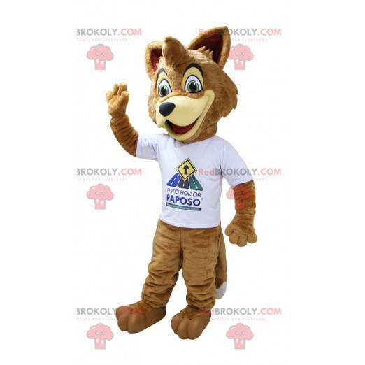 Mascot light brown beige fox with a white t-shirt -