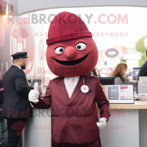 Maroon Falafel mascot costume character dressed with a Suit Jacket and Berets