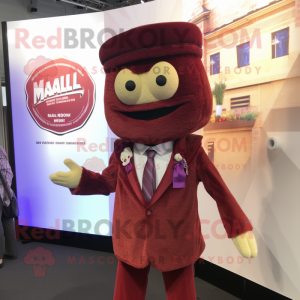 Maroon Falafel mascot costume character dressed with a Suit Jacket and Berets