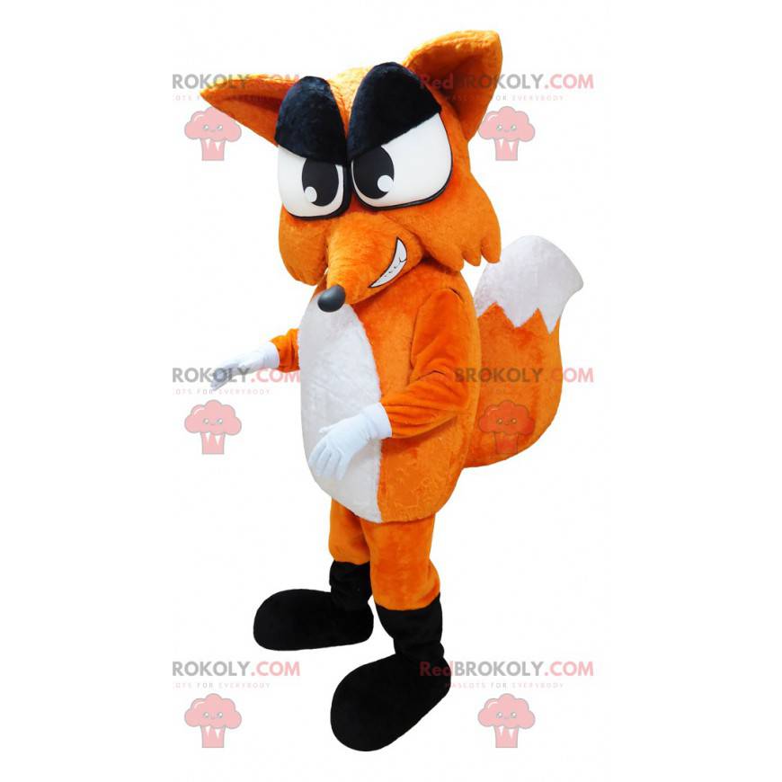 Mascote gigante raposa laranja e branca com cauda grande -