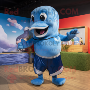 Blue Humpback Whale mascot costume character dressed with a Board Shorts and Mittens