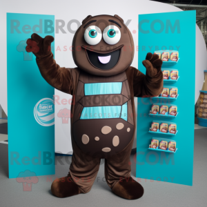 Teal Chocolate Bars mascot costume character dressed with a Bodysuit and Rings