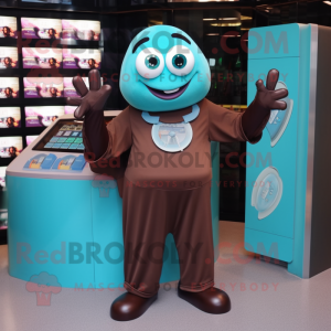 Teal Chocolate Bars mascot costume character dressed with a Bodysuit and Rings