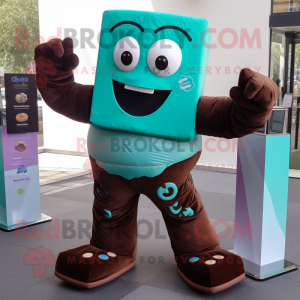 Teal Chocolate Bars mascot costume character dressed with a Bodysuit and Rings