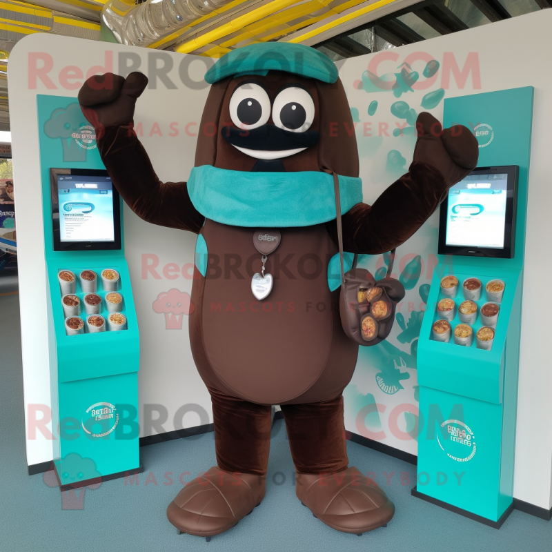 Teal Chocolate Bars mascot costume character dressed with a Bodysuit and Rings Teal Chocolate Bars mascot costume character dressed with a Bodysuit and Rings