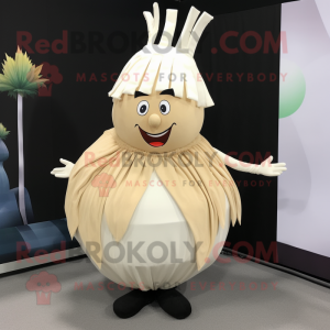 Beige Onion mascot costume character dressed with a Pleated Skirt and Lapel pins