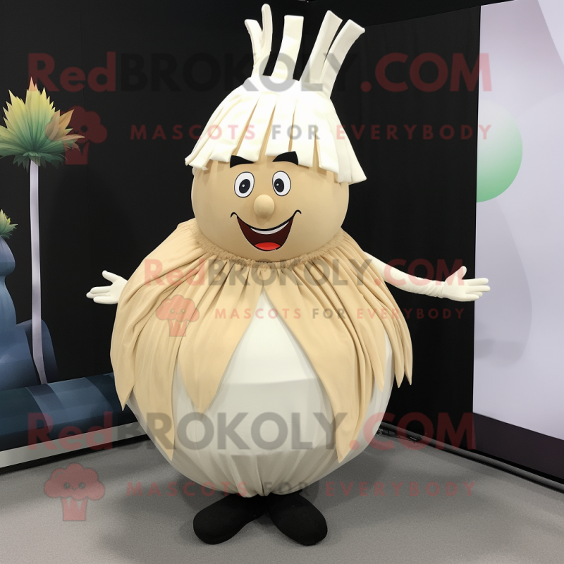 Beige Onion mascot costume character dressed with a Pleated Skirt and Lapel pins Beige Onion mascot costume character dressed with a Pleated Skirt and Lapel pins