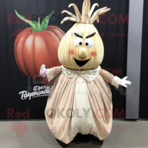 Beige Onion mascot costume character dressed with a Pleated Skirt and Lapel pins