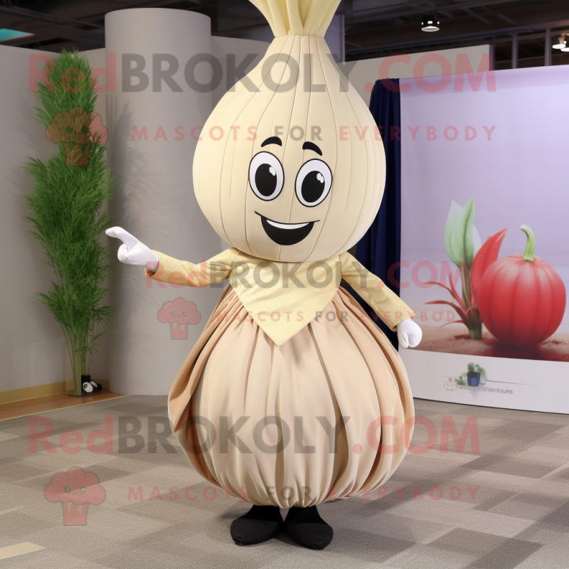 Beige Onion mascot costume character dressed with a Pleated Skirt and Lapel pins Beige Onion mascot costume character dressed with a Pleated Skirt and Lapel pins