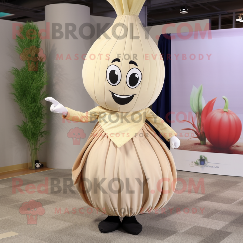 Beige Onion mascot costume character dressed with a Pleated Skirt and Lapel pins