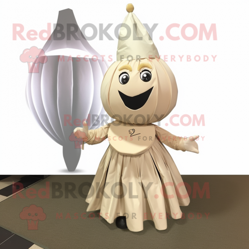 Beige Onion mascot costume character dressed with a Pleated Skirt and Lapel pins