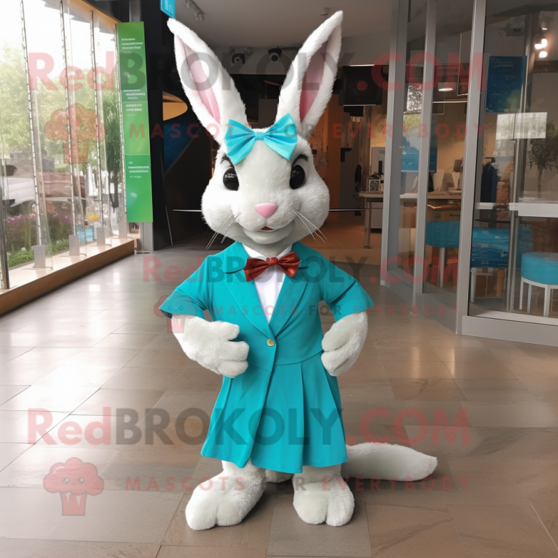 Turquoise Wild Rabbit mascot costume character dressed with a Pencil Skirt and Bow ties