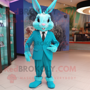 Turquoise Wild Rabbit mascot costume character dressed with a Pencil Skirt and Bow ties