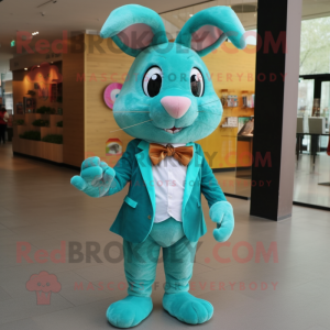 Turquoise Wild Rabbit mascot costume character dressed with a Pencil Skirt and Bow ties