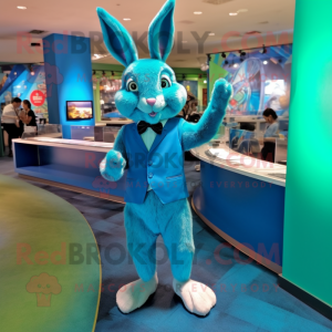 Turquoise Wild Rabbit mascot costume character dressed with a Pencil Skirt and Bow ties