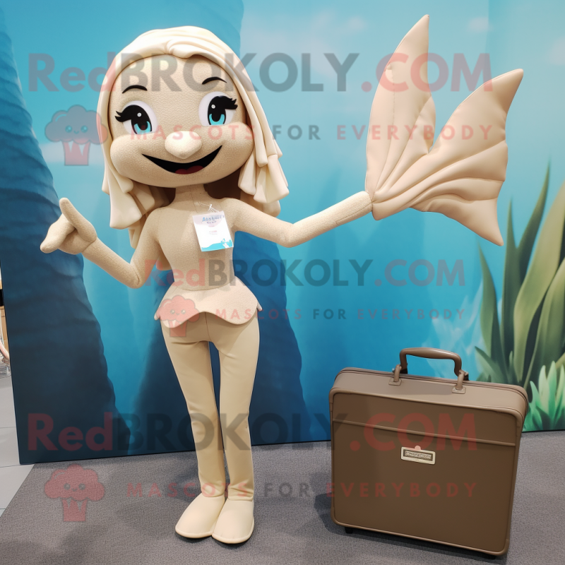 Beige Mermaid mascot costume character dressed with a Sweater and Briefcases Beige Mermaid mascot costume character dressed with a Sweater and Briefcases