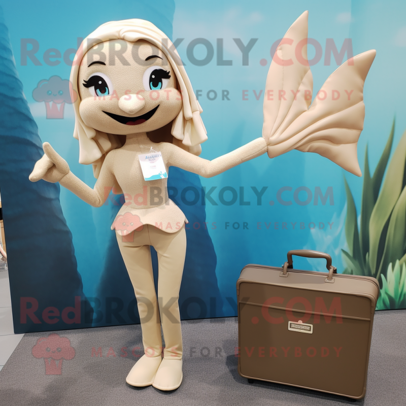 Beige Mermaid mascot costume character dressed with a Sweater and Briefcases