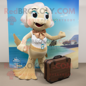 Beige Mermaid mascot costume character dressed with a Sweater and Briefcases