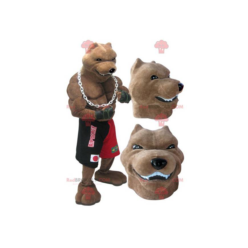 Mascote de cachorro de raça gigante e musculoso em traje de