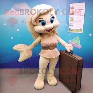 Beige Mermaid mascot costume character dressed with a Sweater and Briefcases