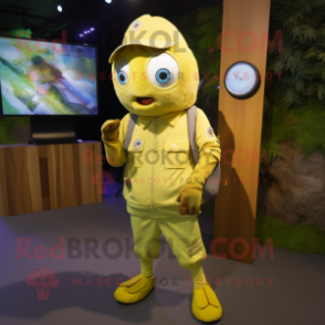 Lemon Yellow Kiwi mascot costume character dressed with a Cargo Shorts and Smartwatches