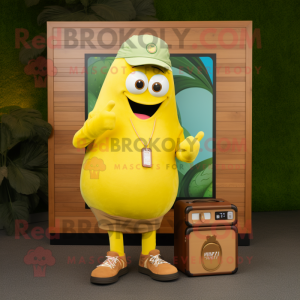 Lemon Yellow Kiwi mascot costume character dressed with a Cargo Shorts and Smartwatches