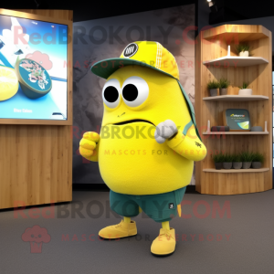 Lemon Yellow Kiwi mascot costume character dressed with a Cargo Shorts and Smartwatches