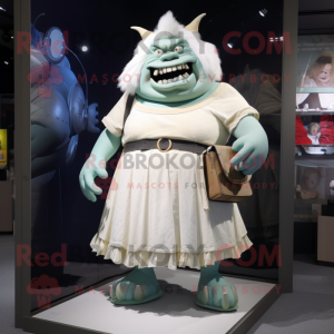 White Ogre mascot costume character dressed with a Pleated Skirt and Handbags