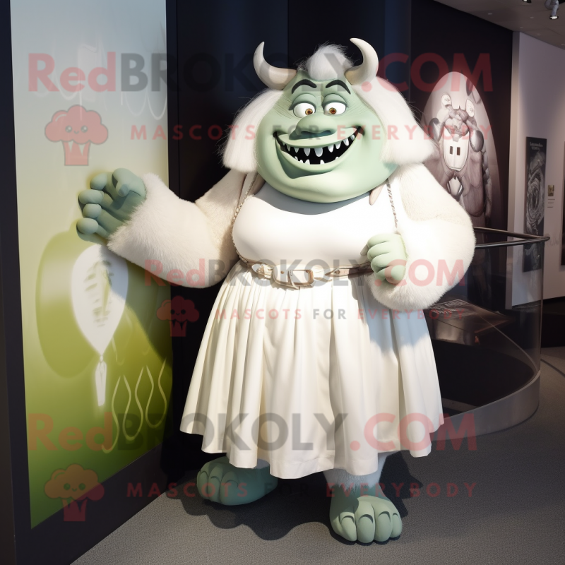White Ogre mascot costume character dressed with a Pleated Skirt and Handbags White Ogre mascot costume character dressed with a Pleated Skirt and Handbags