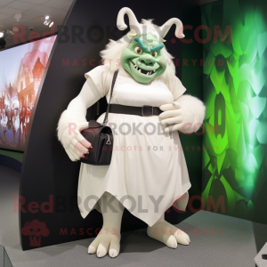 White Ogre mascot costume character dressed with a Pleated Skirt and Handbags